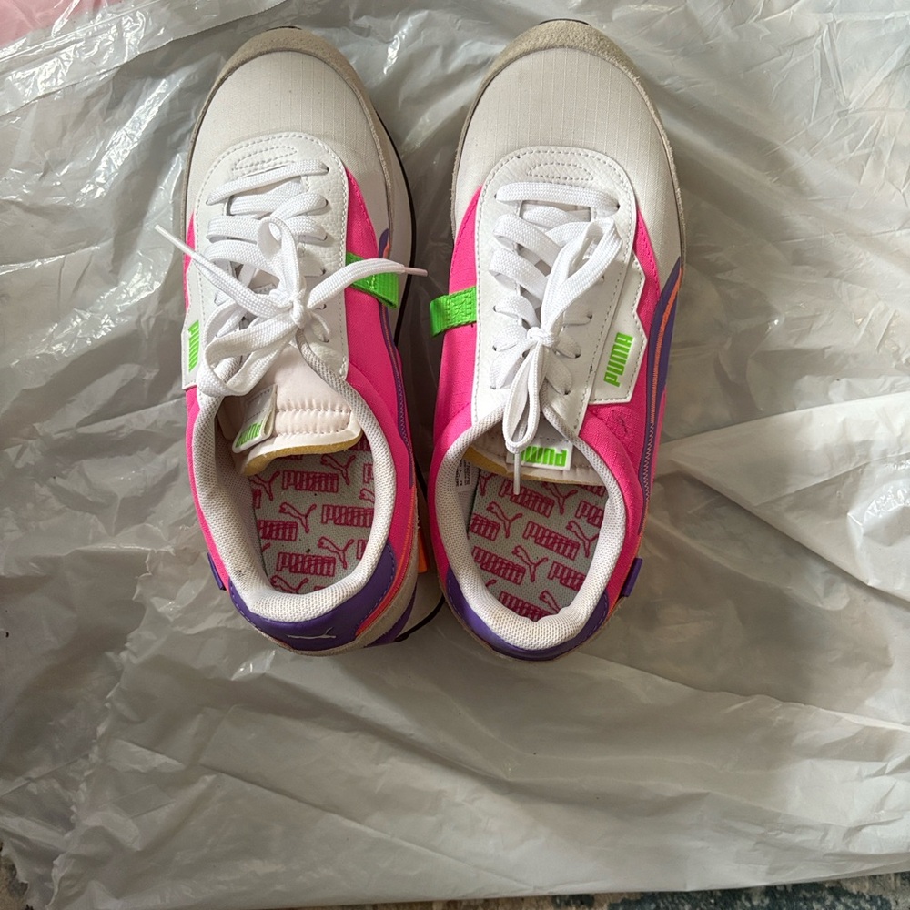 Puma Pink and White Sneakers with Green Accents